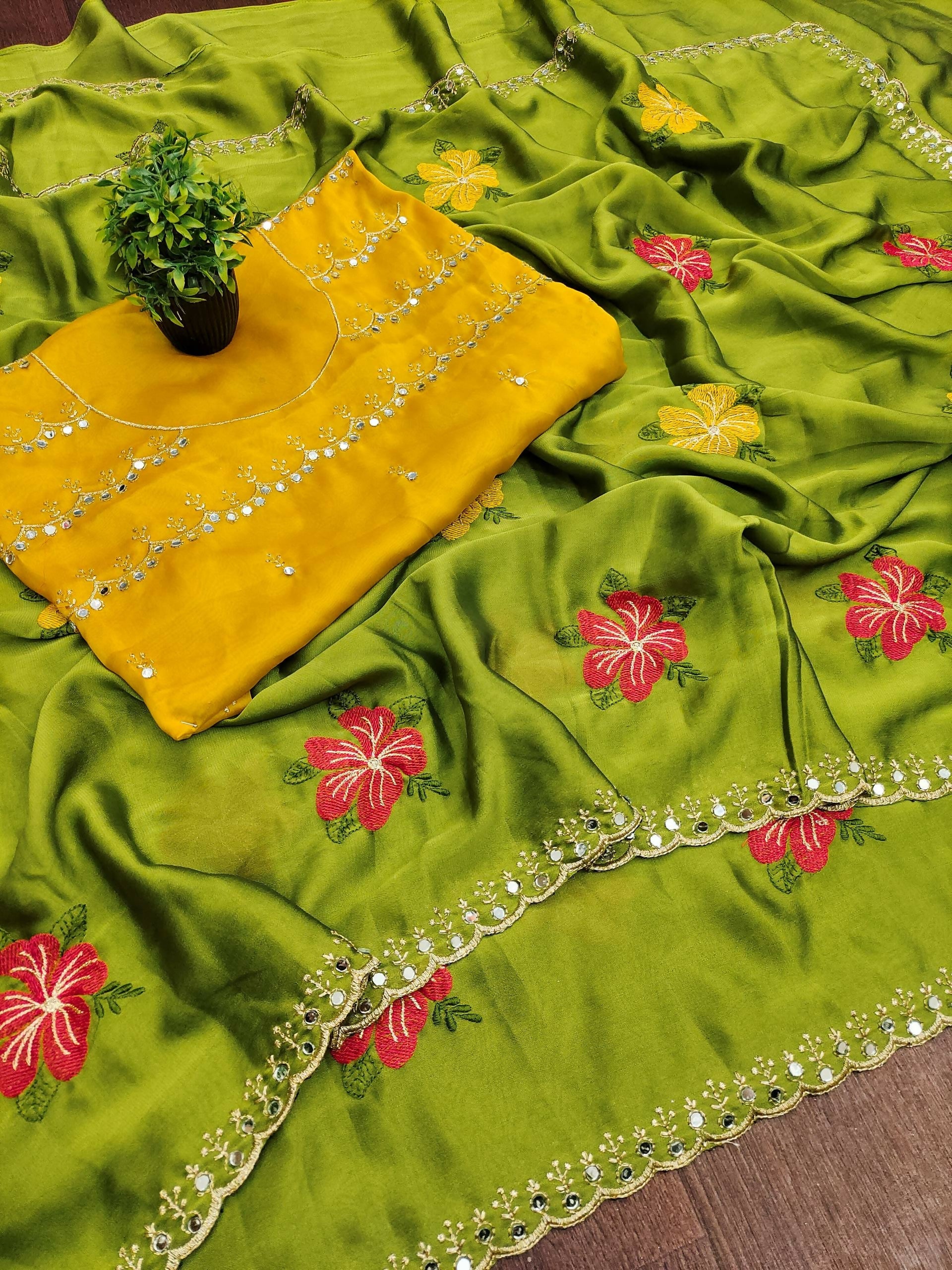 Teeya Creation Green Rangoli Silk Embroidery Work Party Wear Designer Saree