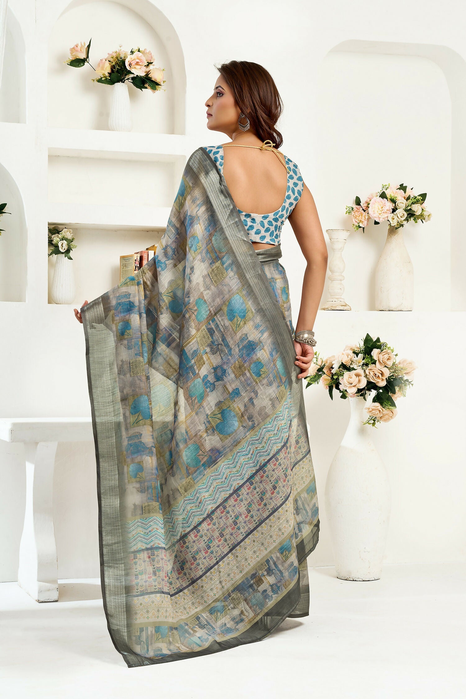 Joban Fashion  Dusty Brown Floral & Ethnic Motifs Linen Ready To Wear Saree With Unstitched Blouse