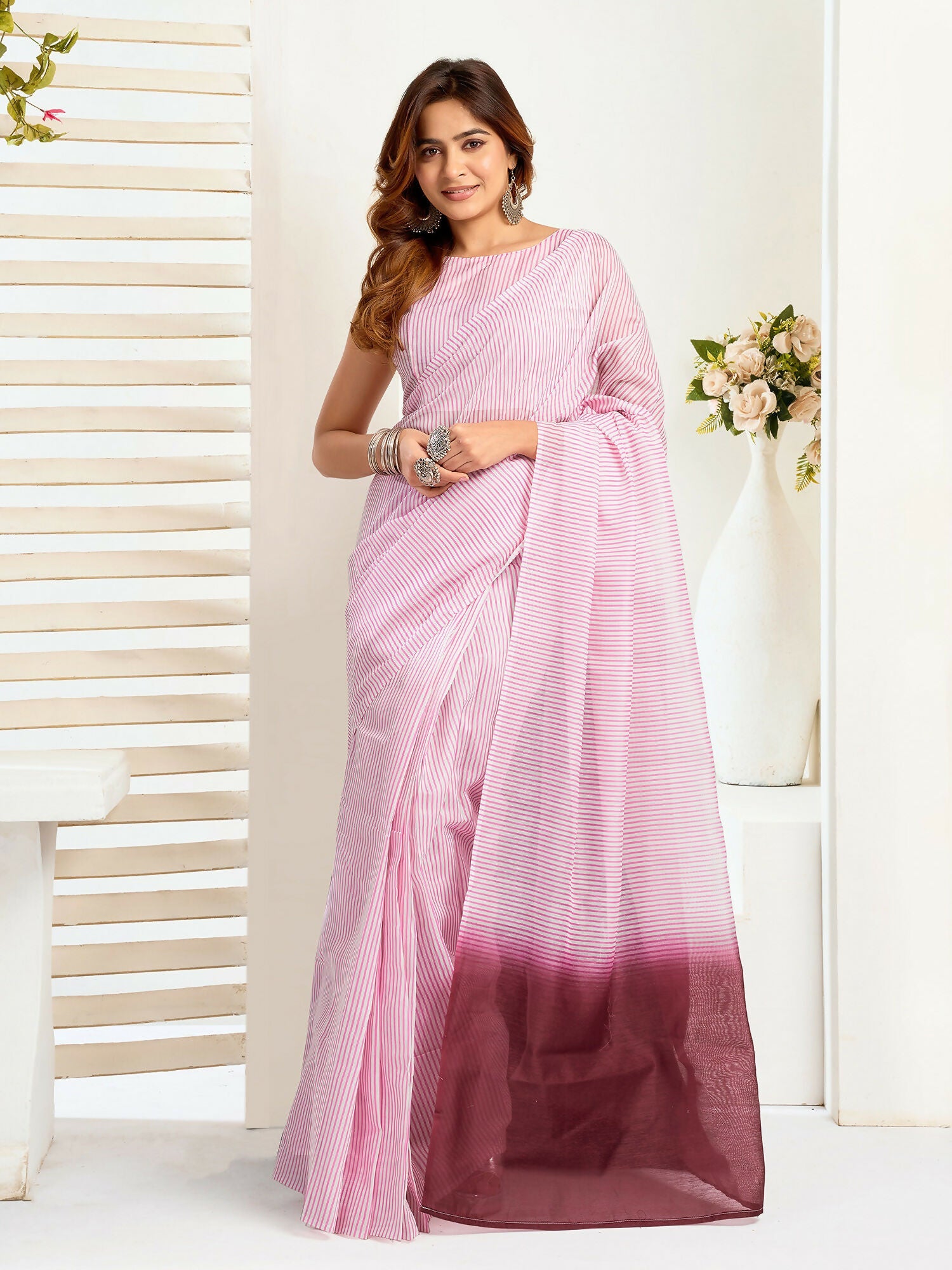 Joban Fashion Light Pink  Striped Linen Ready To Wear Saree With Unstitched Blouse