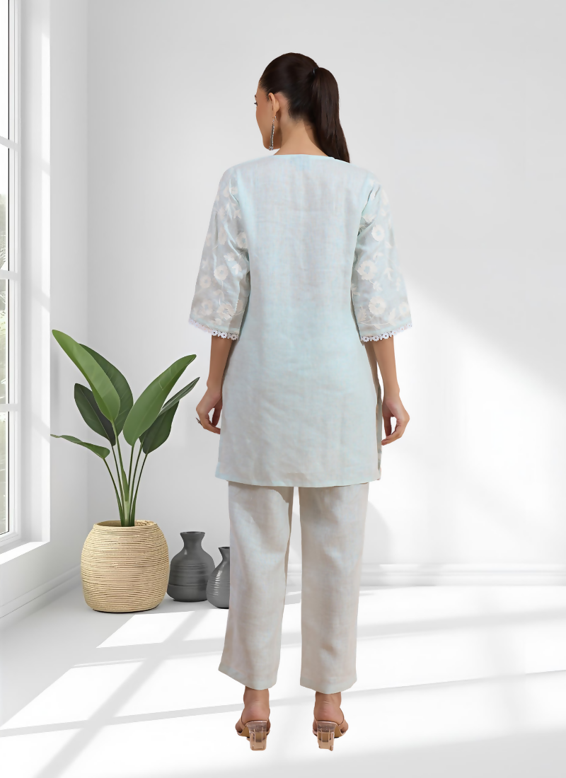 Joban Fashion Sky Blue Linen Embroidered Readymade Cord Set