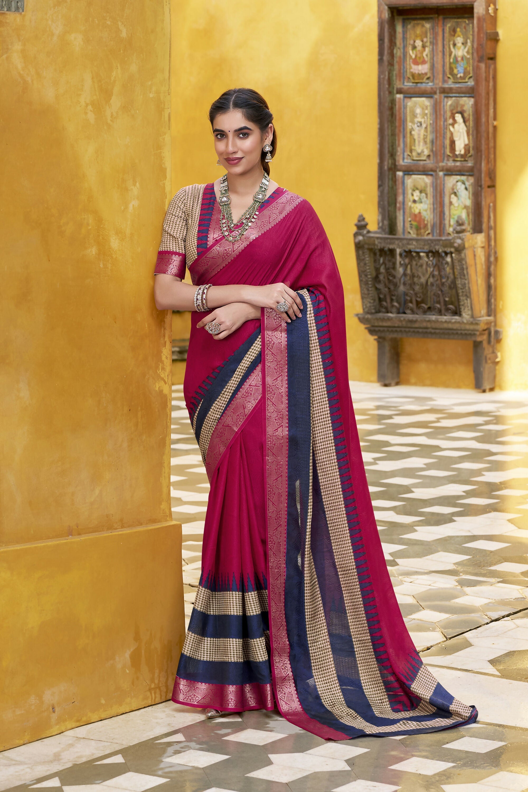 Vastranavya Pink Printed with Zari Weaving Work Poly Cotton Saree & Unstitched Blouse