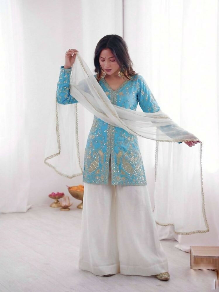 Teeya Creation Blue And White Color Fendy Silk Embroidery Work Wedding Wear Salwar Suit