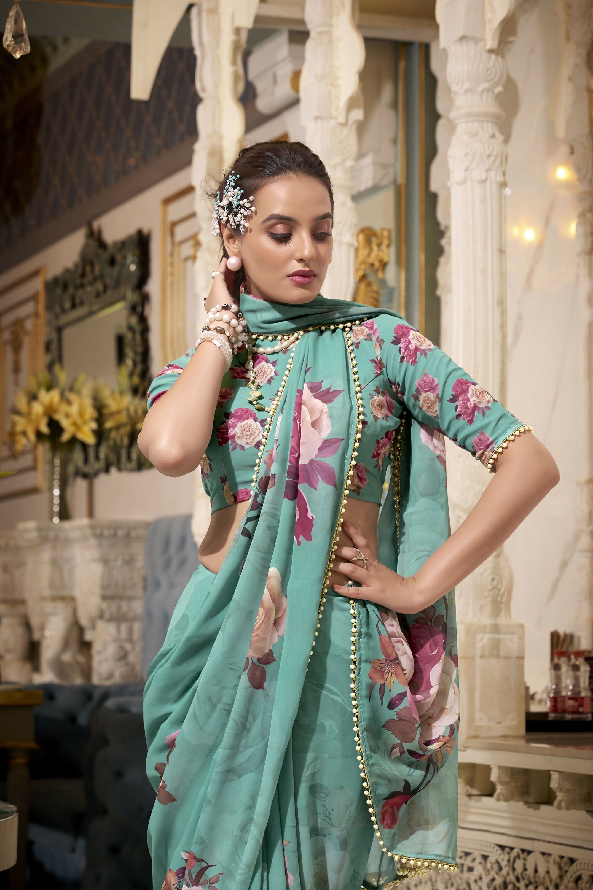 Vastranavya Green Spectacular Georgette Printed with Pearl Lace Saree with Unstitched Blouse
