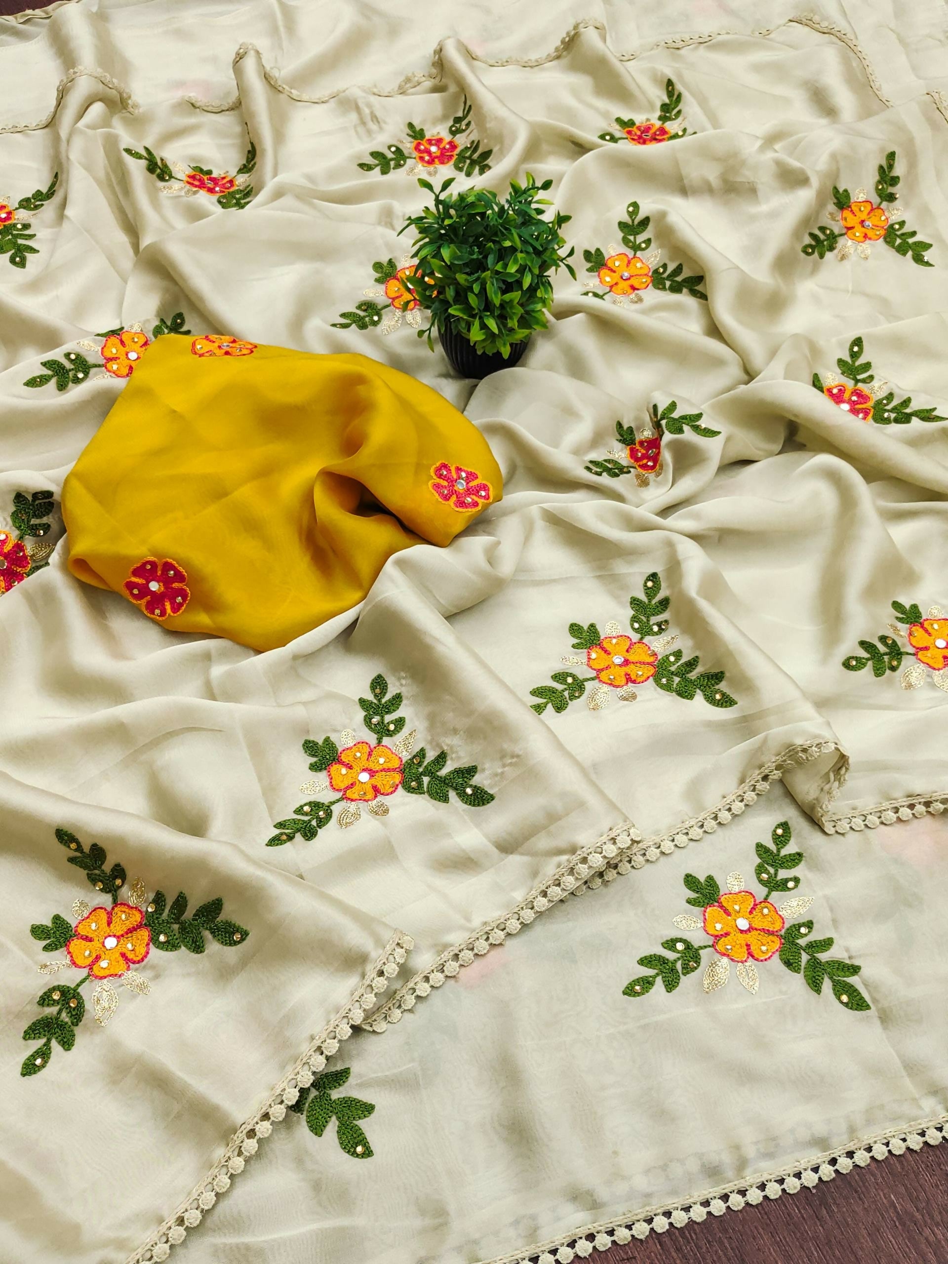 Teeya Creation Cream Rangoli Silk Embroidery Work Party Wear Designer Saree