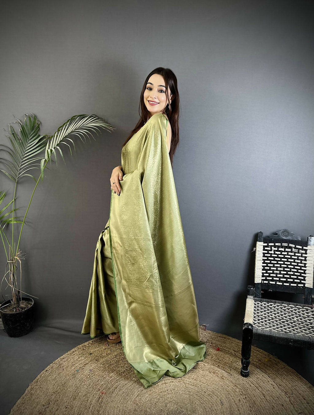 Joban Fashion Sage Green Floral Motifs & Ethnic Design Soft Satin Silk Kanchipuram Saree