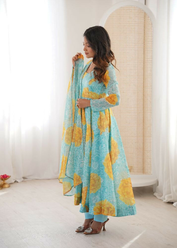 Teeya Creation Multi Color Soft Organza Silk Digital Print Party Wear Gown