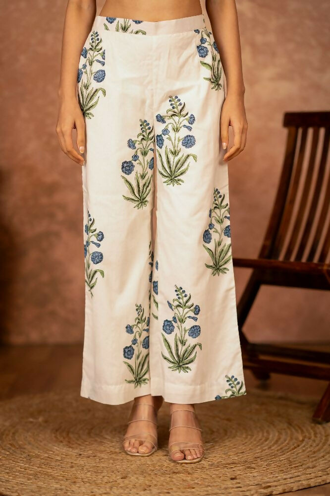 Joban Fashion Off White Blue Hand Block Printed Cotton Suit Set