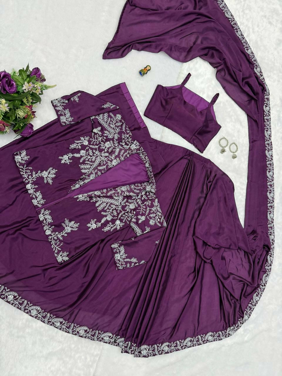 Teeya Creation Wine Color Chinon Silk Wedding Wear Ready To Wear Saree With Koti