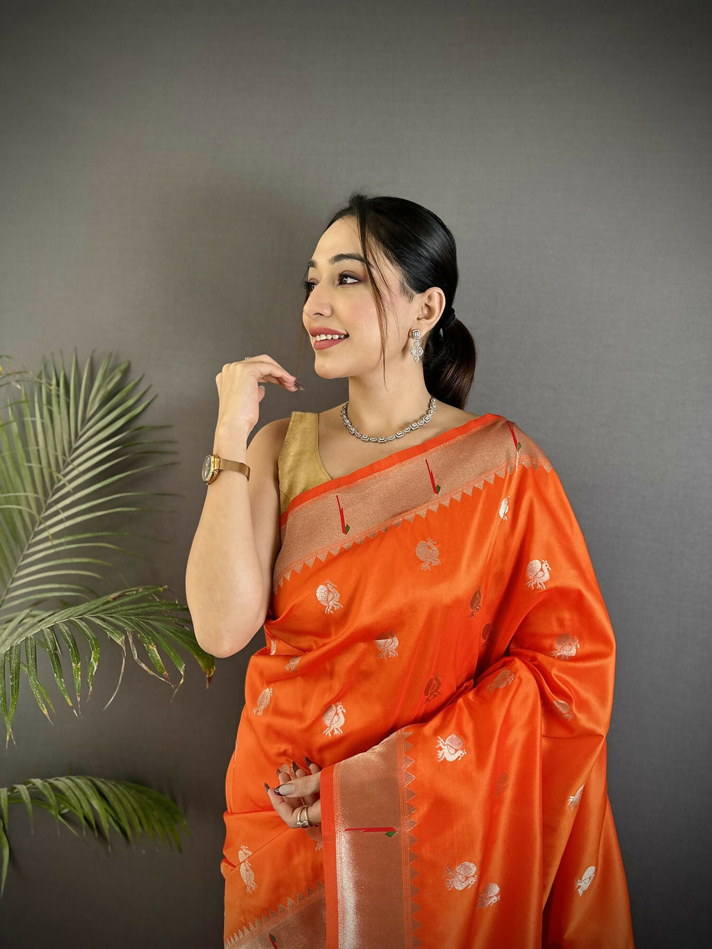 Joban Fashion Orange Peacock & Floral Motifs Soft Silk Kanchipuram Saree
