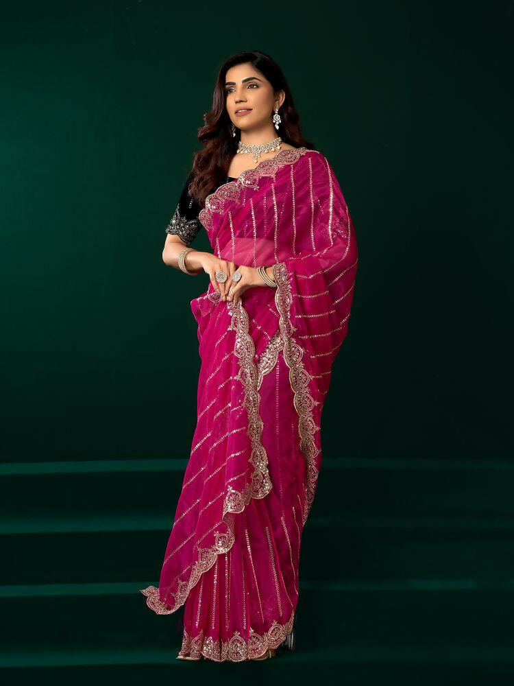 Joban Fashion Rani Pink Net Party Wear Sarees