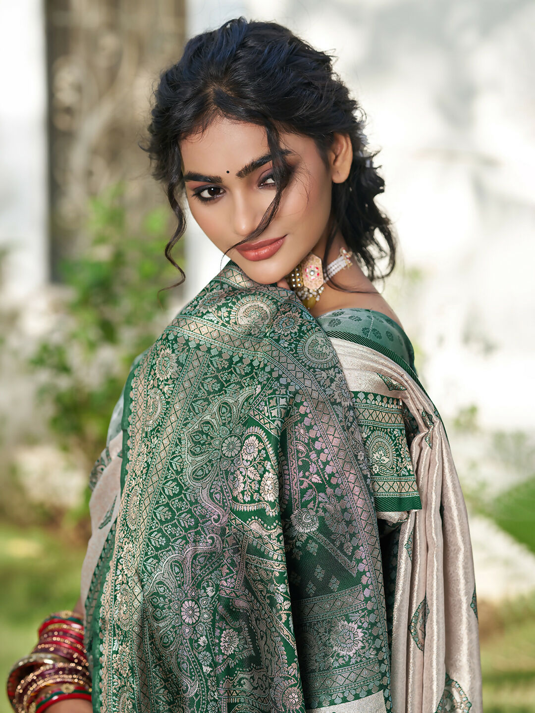 Shree Shyam Fashion Cream With Dark Green Silk Blend Saree