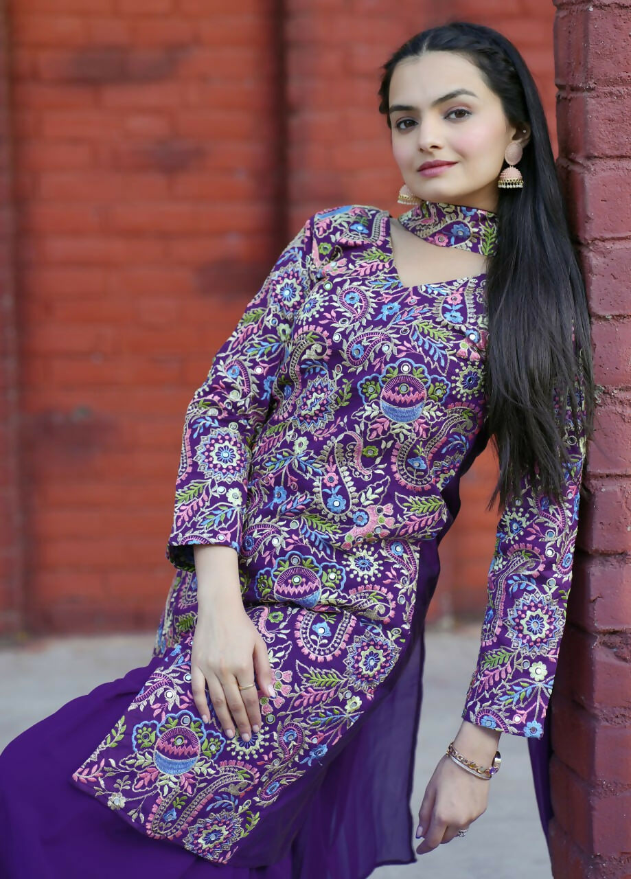 Teeya Creation Purple Color Tapeta Silk Embroidery Work Party Wear Palazzo Set
