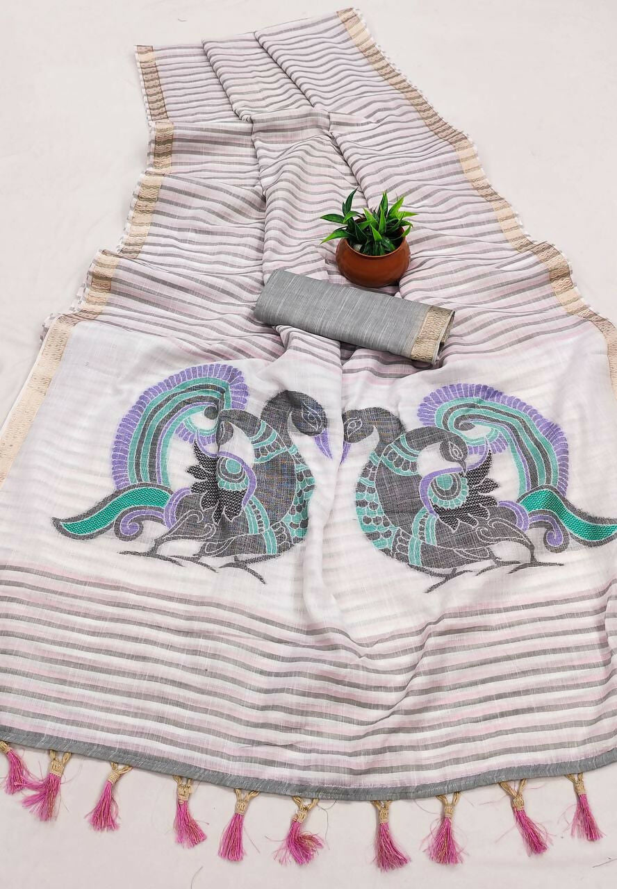 Vastranavya Grey Linen Cotton Meenakari Weaving Pallu Saree with Contrast Blouse