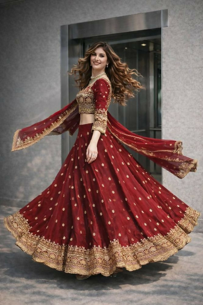 Teeya Creation Maroon Color Fendy Satin Heavy Embroidery Work Wedding Wear Stitched Lehenga Choli