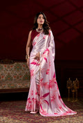 Vastranavya Baby Pink Satin Silk Floral Printed with Pearl Lace Saree with Unstitched Blouse