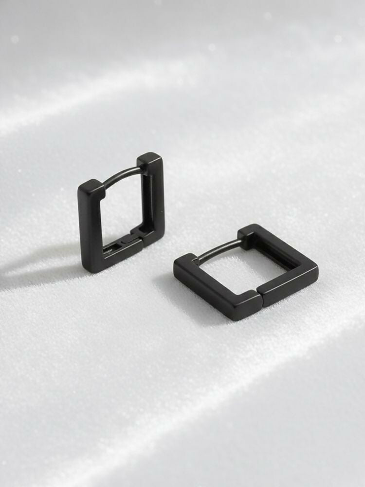 NVR Men's Black Rhodium Plated Geomatric Shaped Hoop Earrings