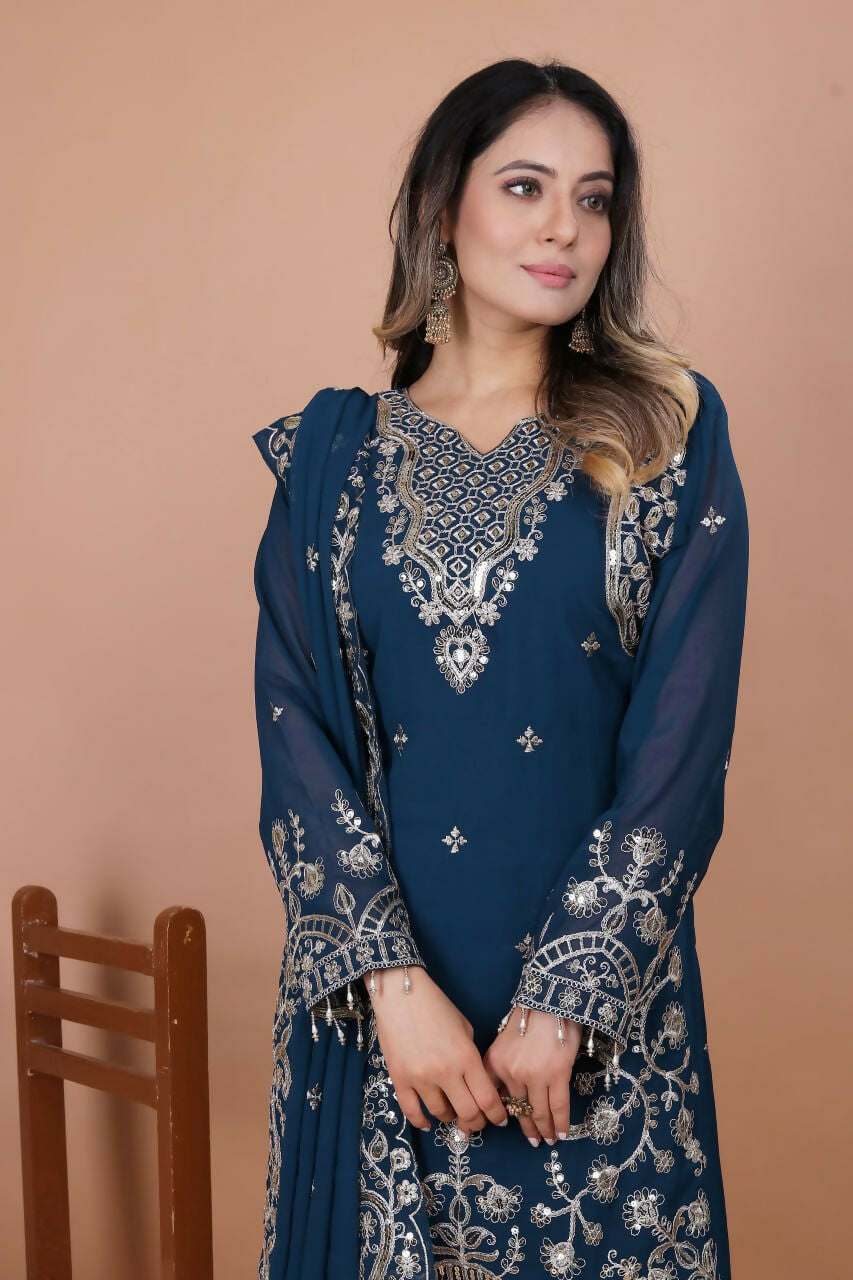 Joban Fashion Blue Georgette Embroidered Kurti Set