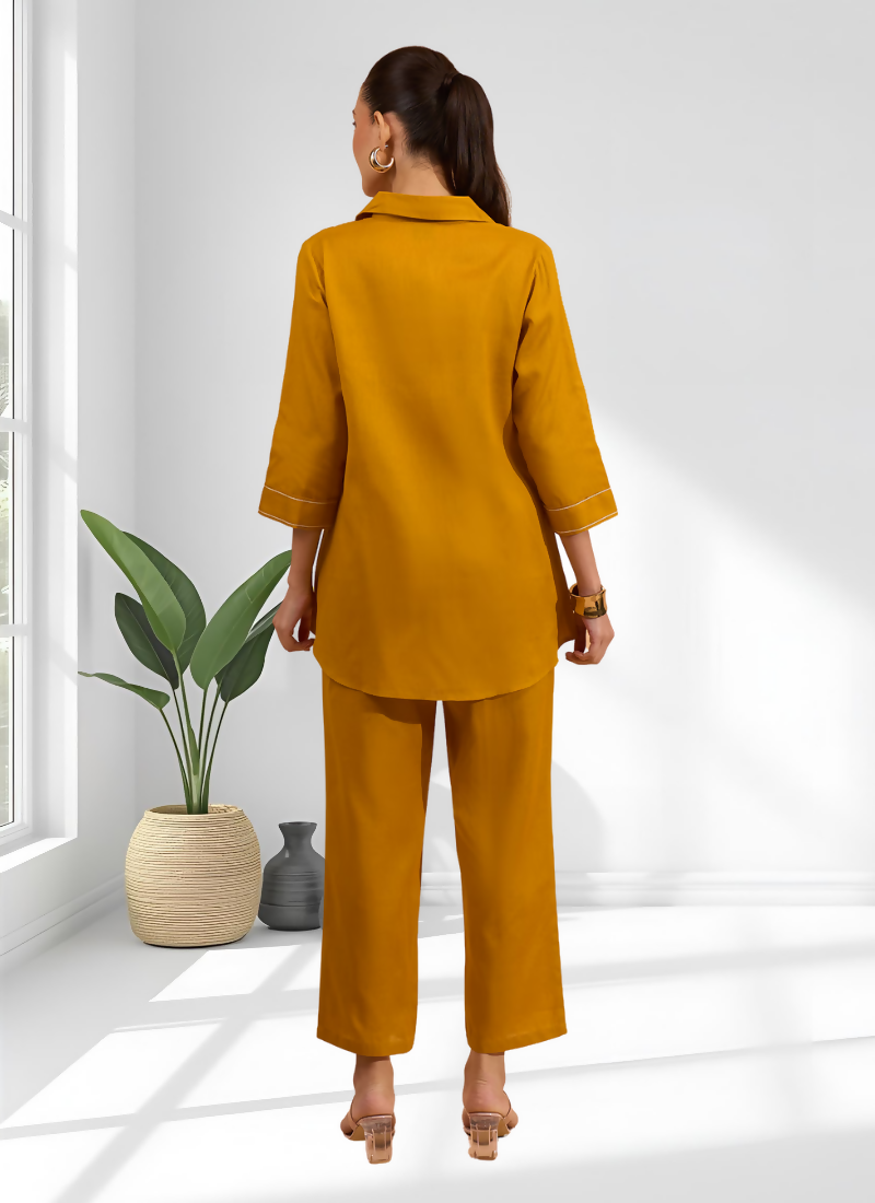 Joban Fashion Mustard Cotton, Linen Embroidered Readymade Cord Set