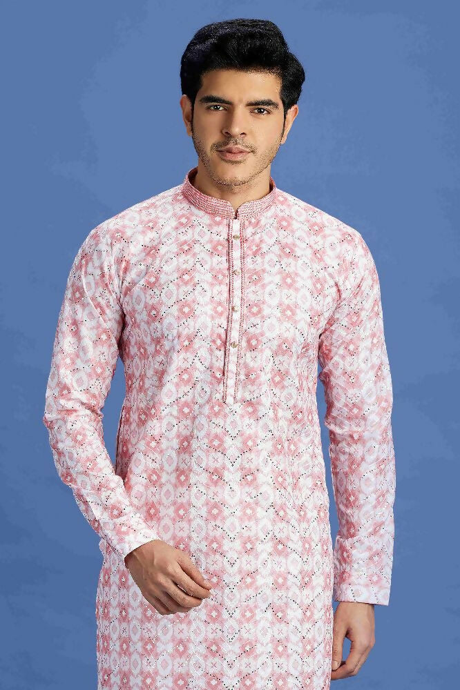 Raivat Ethnic Cotton Embroidery Kurta Pajama In Pink Colour