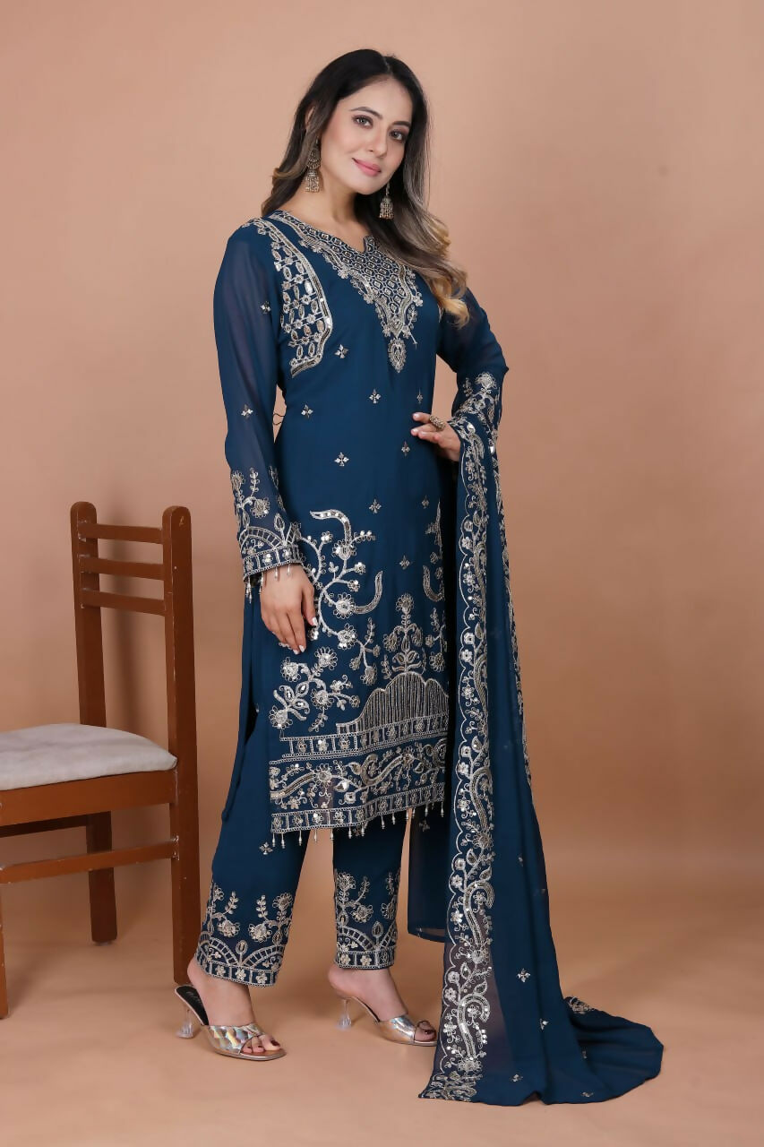 Joban Fashion Blue Georgette Embroidered Kurti Set