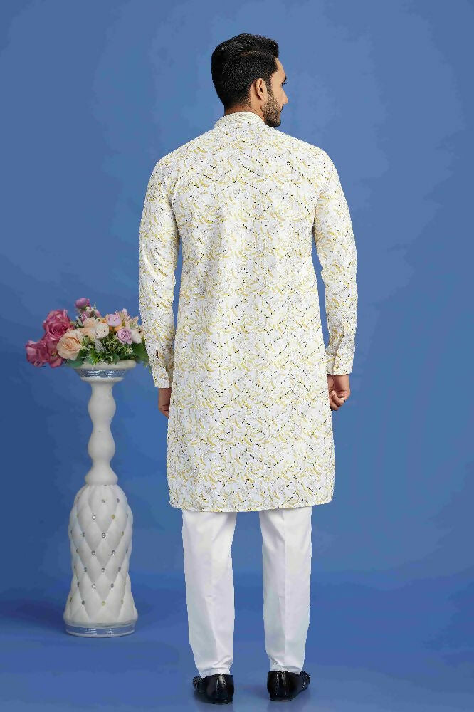 Raivat Ethnic Cotton Embroidery Kurta Pajama In Yellow Colour