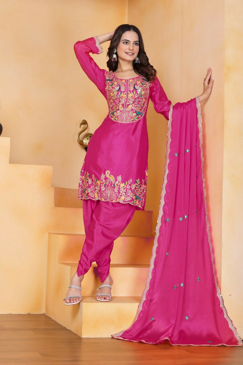 Teeya Creation Pink Color Chinon Silk Party Wear Punjabi Dhoti Suit