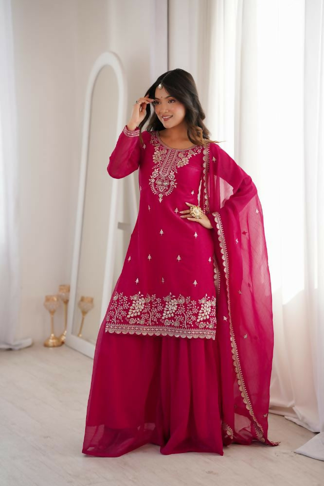 Lehenga Mart Designer Sharara Suit With Kurta, Sharara, Dupatta For Women-Dark Rani