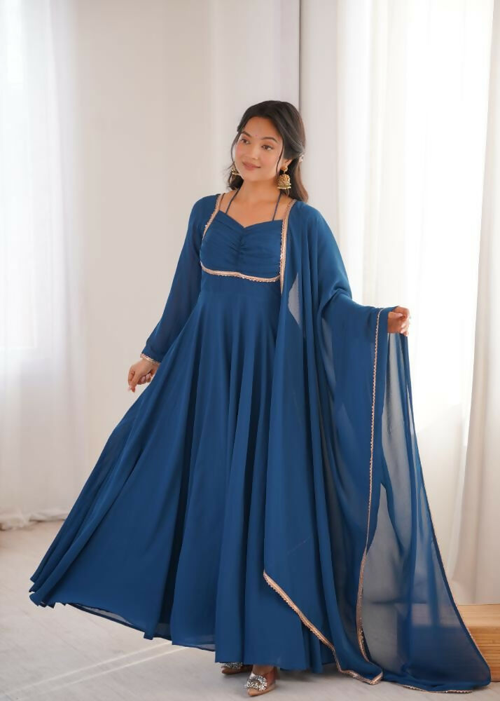 Lehenga Mart Designer Anarkali Suit With Kurta, Dupatta For Women-Teal Blue