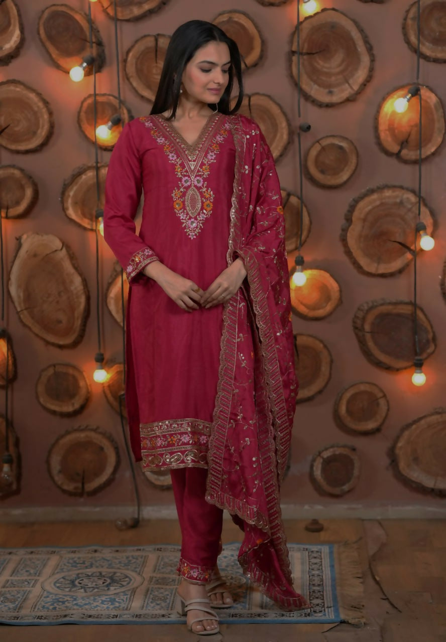 Joban Fashion Pink Silk Embroidered Kurti Set