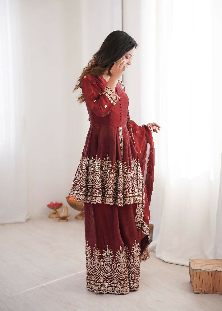 Teeya Creation Maroon Color Fendy Satin Silk Embroidery Work Party Wear Salwar Suit