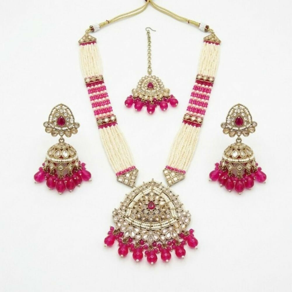 Jewel City Long Pearl Mala Golden Rainbow Diamond Studded Jumkee Tikka Necklace Set