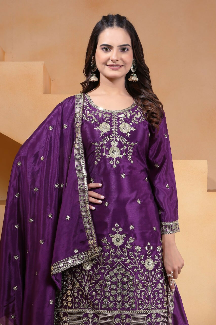 Joban Fashion Purple Silk Embroidered Sharara Set