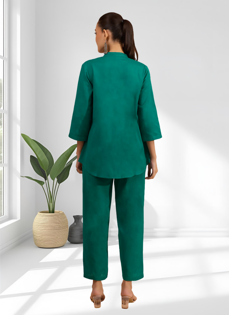 Joban Fashion Green Cotton, Linen Embroidered Readymade Cord Set