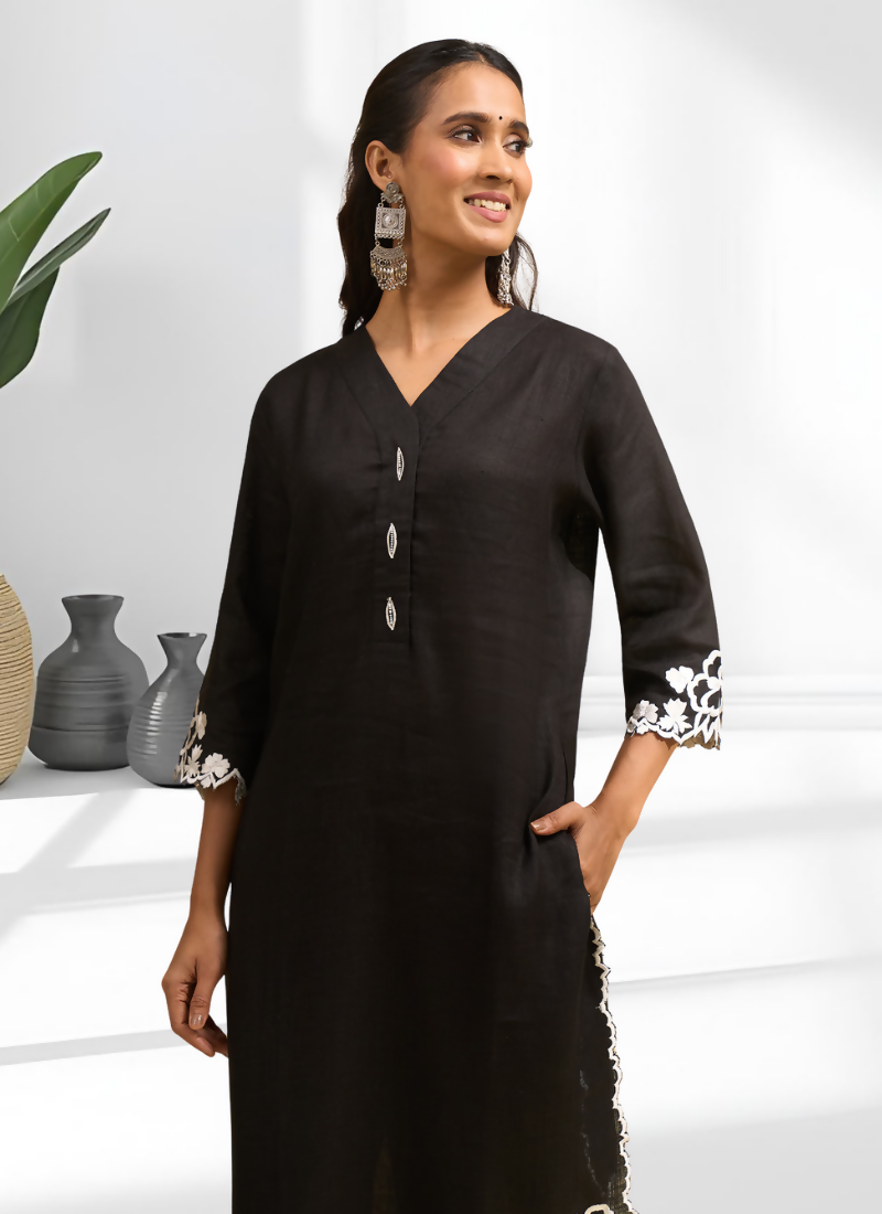 Joban Fashion Black Linen Embroidered Readymade Long Kurta With Pant