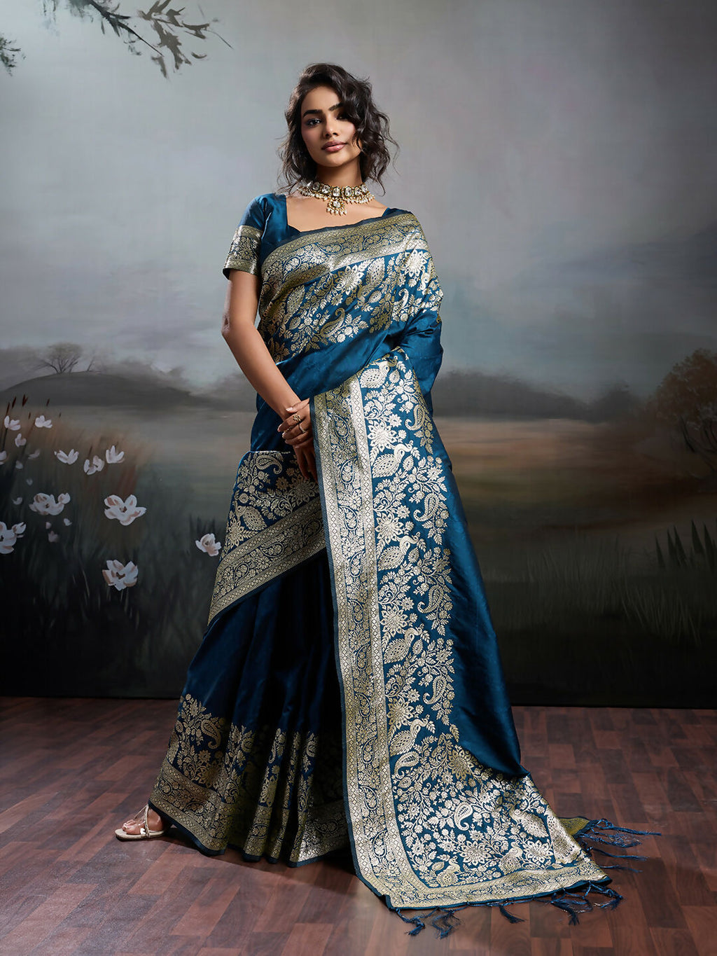 Shree Shyam Fashion Navy Blue Silk Blend Saree