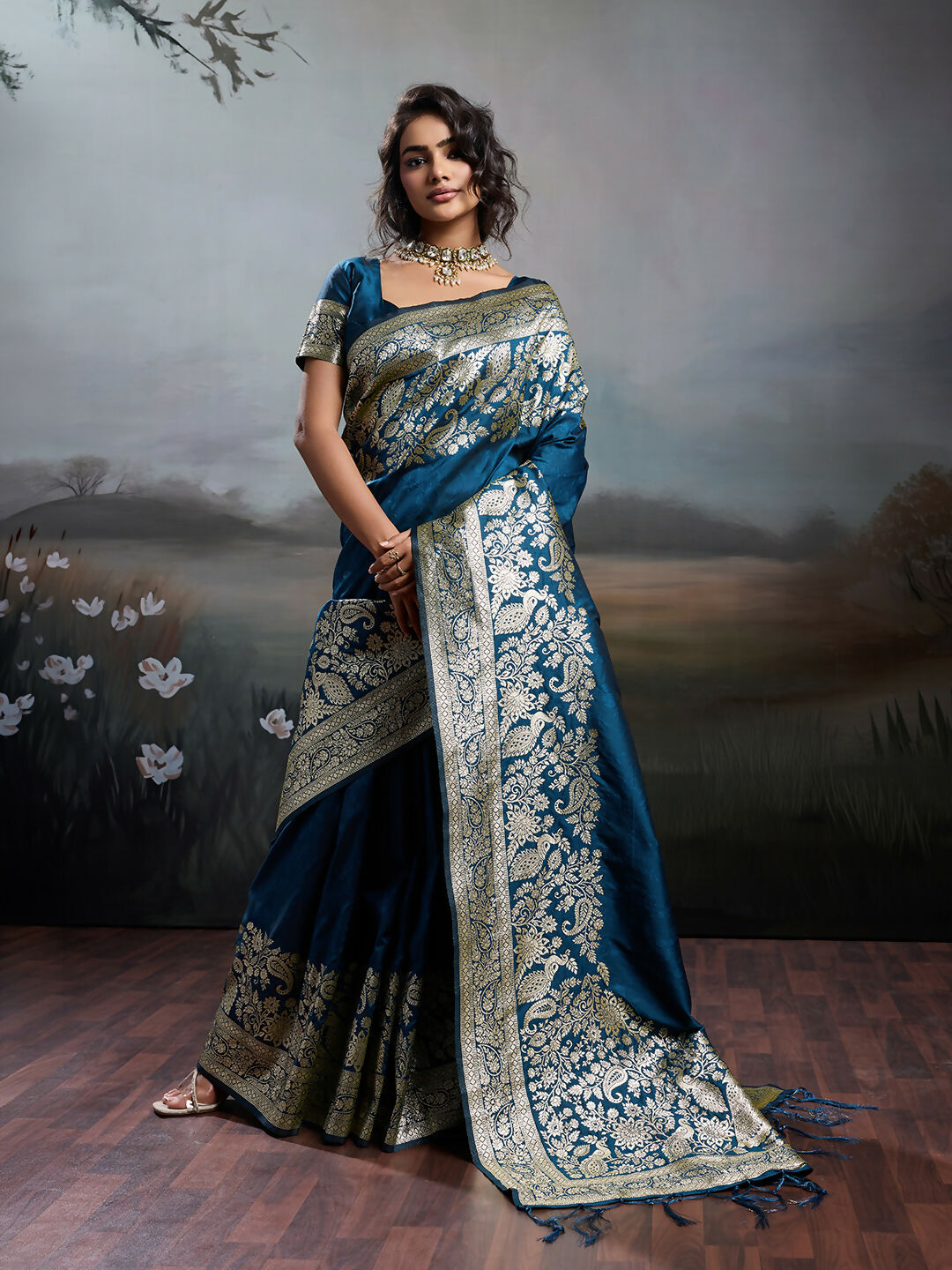 Shree Shyam Fashion Navy Blue Silk Blend Saree