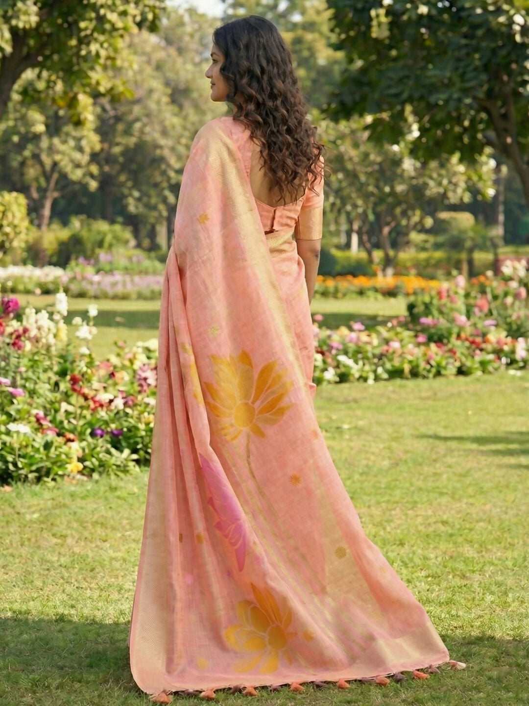 Shree Shyam Fashion Peach Linen Cotton Saree