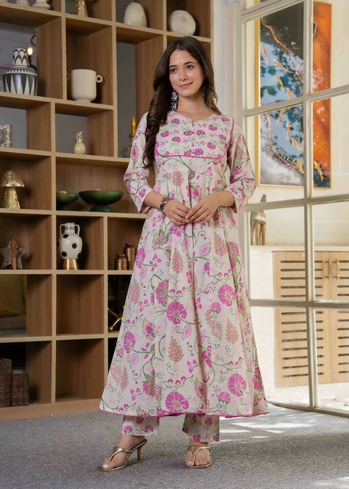 Jaimini Women Cotton Printed Round Neck 3/4 Sleeves Calf Length Flared Kurta Pant And Dupatta Set