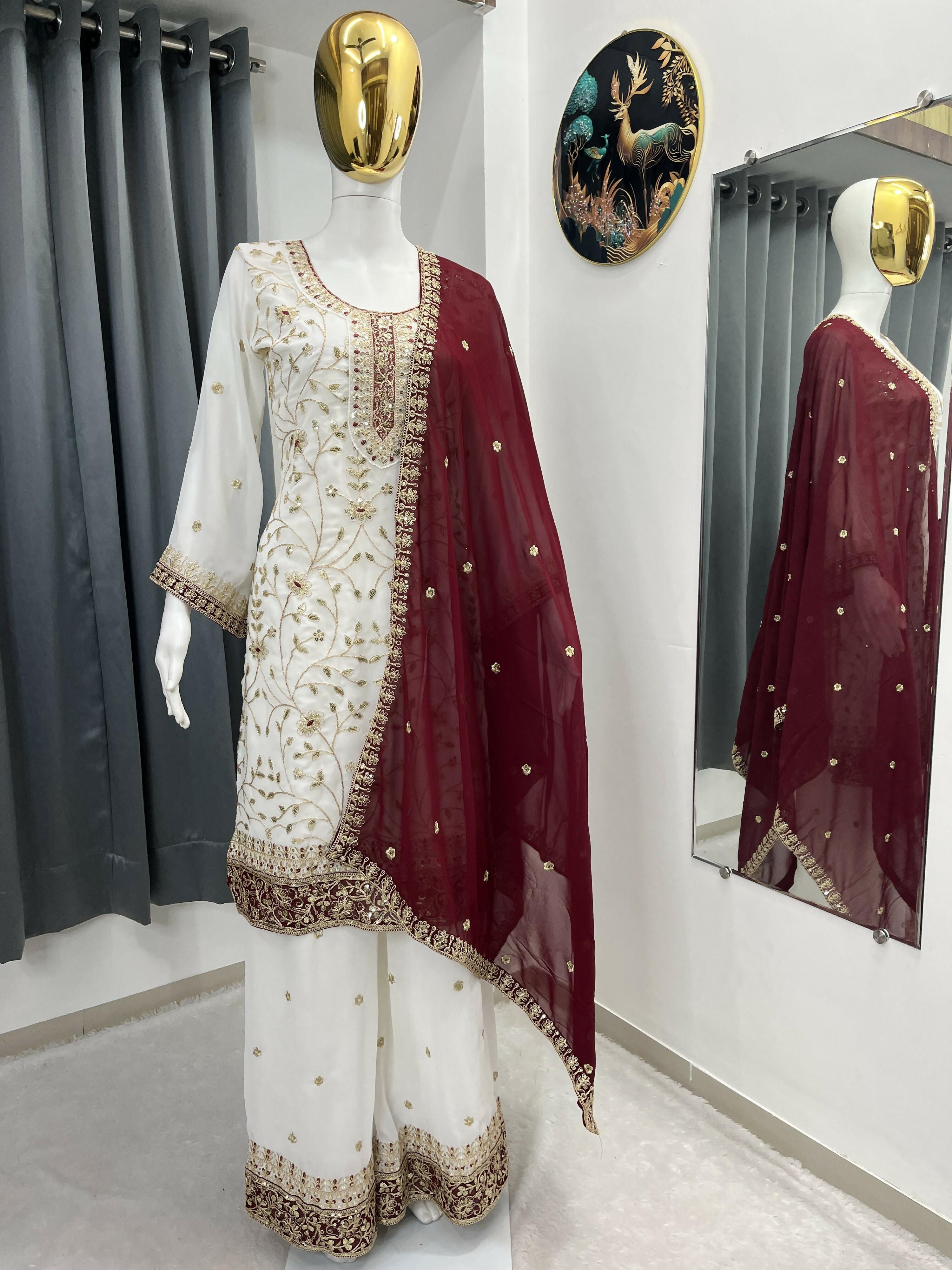 Teeya Creation White Color Faux Georgette Embroidery Work Long Party Wear Palazzo Suit