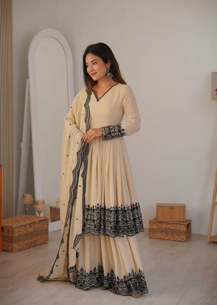 Teeya Creation Cream Color Faux Georgette Embrodiery Work Party Wear Sharara set