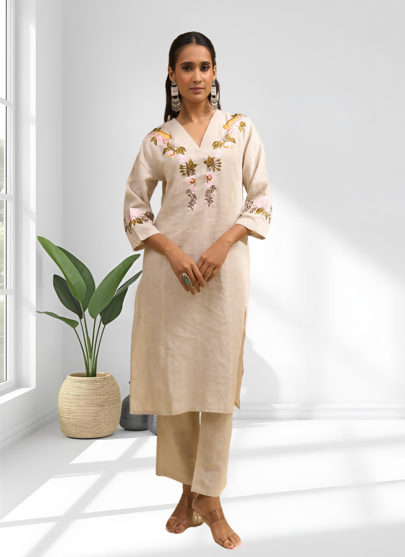 Joban Fashion Beige Linen Embroidered Readymade Long Kurta With Pant