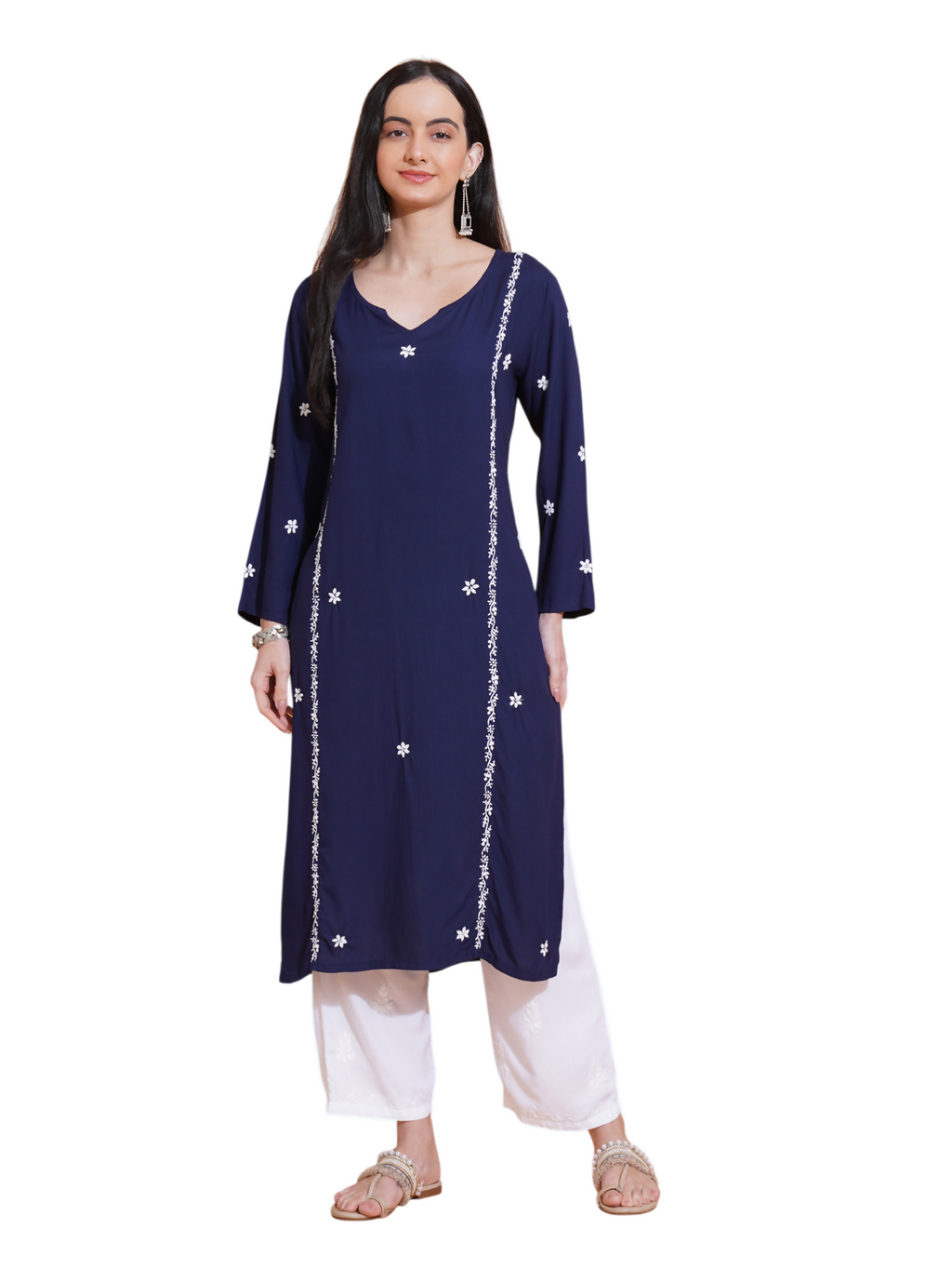 Pahnaz Luxury Rayon Chikankari Long Kurti-Blue