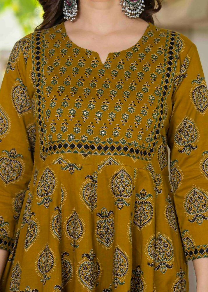Jaimini Women Cotton Printed Round Neck 3/4 Sleeves Calf Length Flared Kurta Pant And Dupatta Set