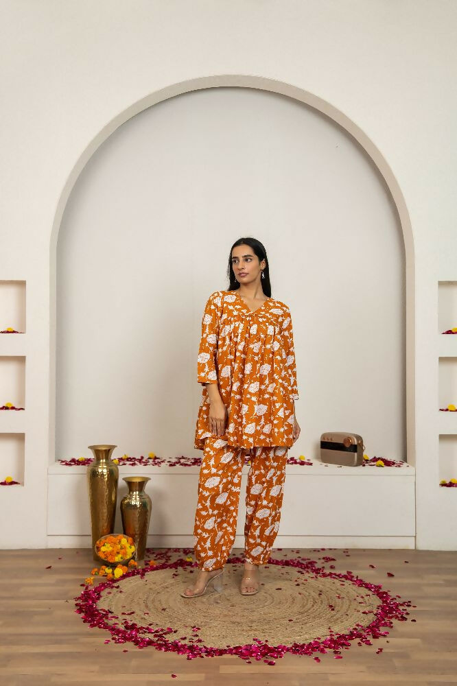 Joban Fashion Peach Hand Block Print Cotton Kurta Set