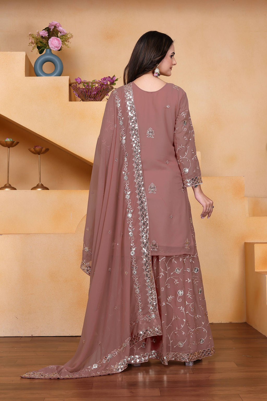 Lehenga Mart Designer Sharara Suit With Kurta, Sharara, Dupatta For Women-Mauve