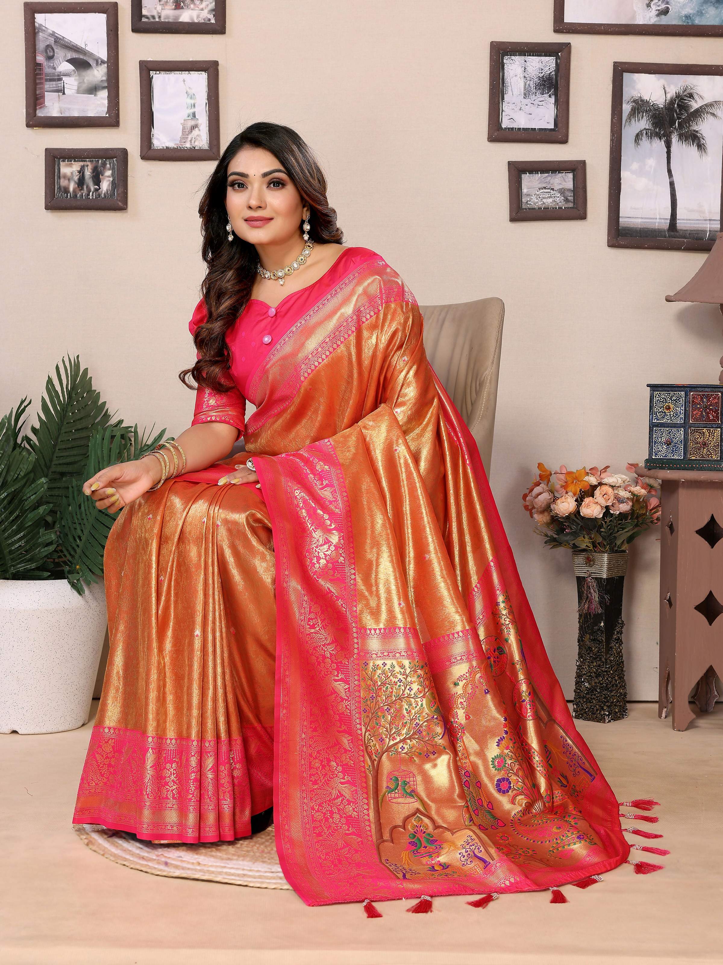 Aastha Fashion Orange Tissue Silk Weaving Saree
