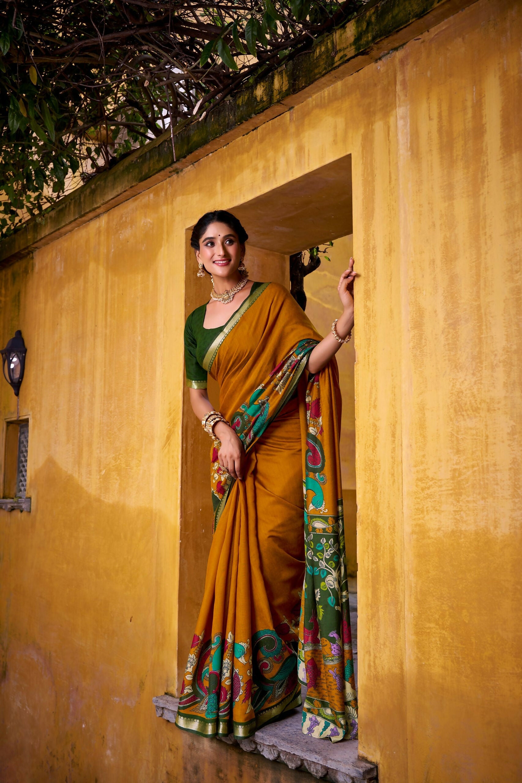 Vastranavya Mustard Viscose Chanderi Kalamkari Print with Zari Working Saree & Unstitched Blouse