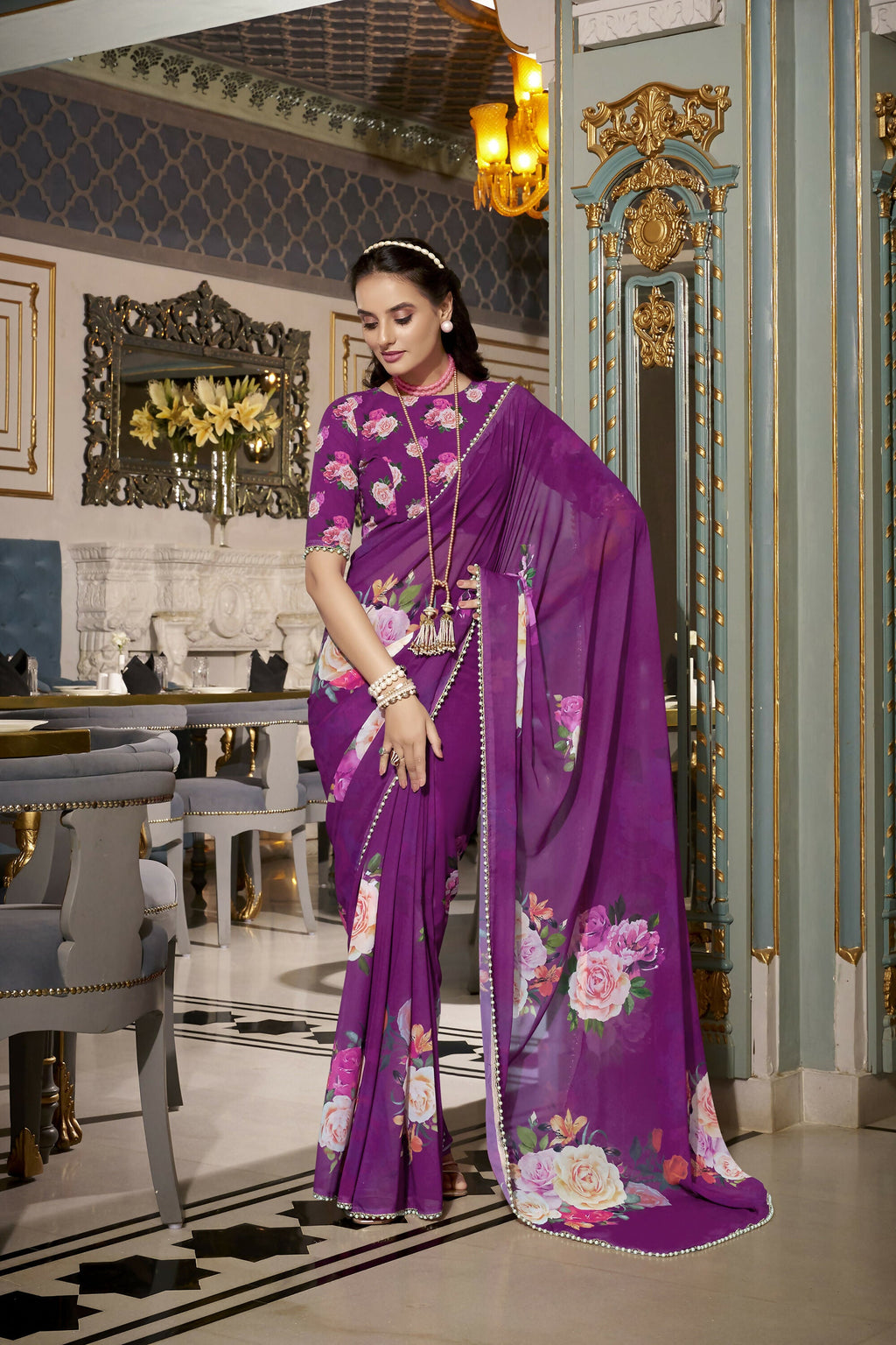 Vastranavya Purple Spectacular Georgette Printed with Pearl Lace Saree with Unstitched Blouse
