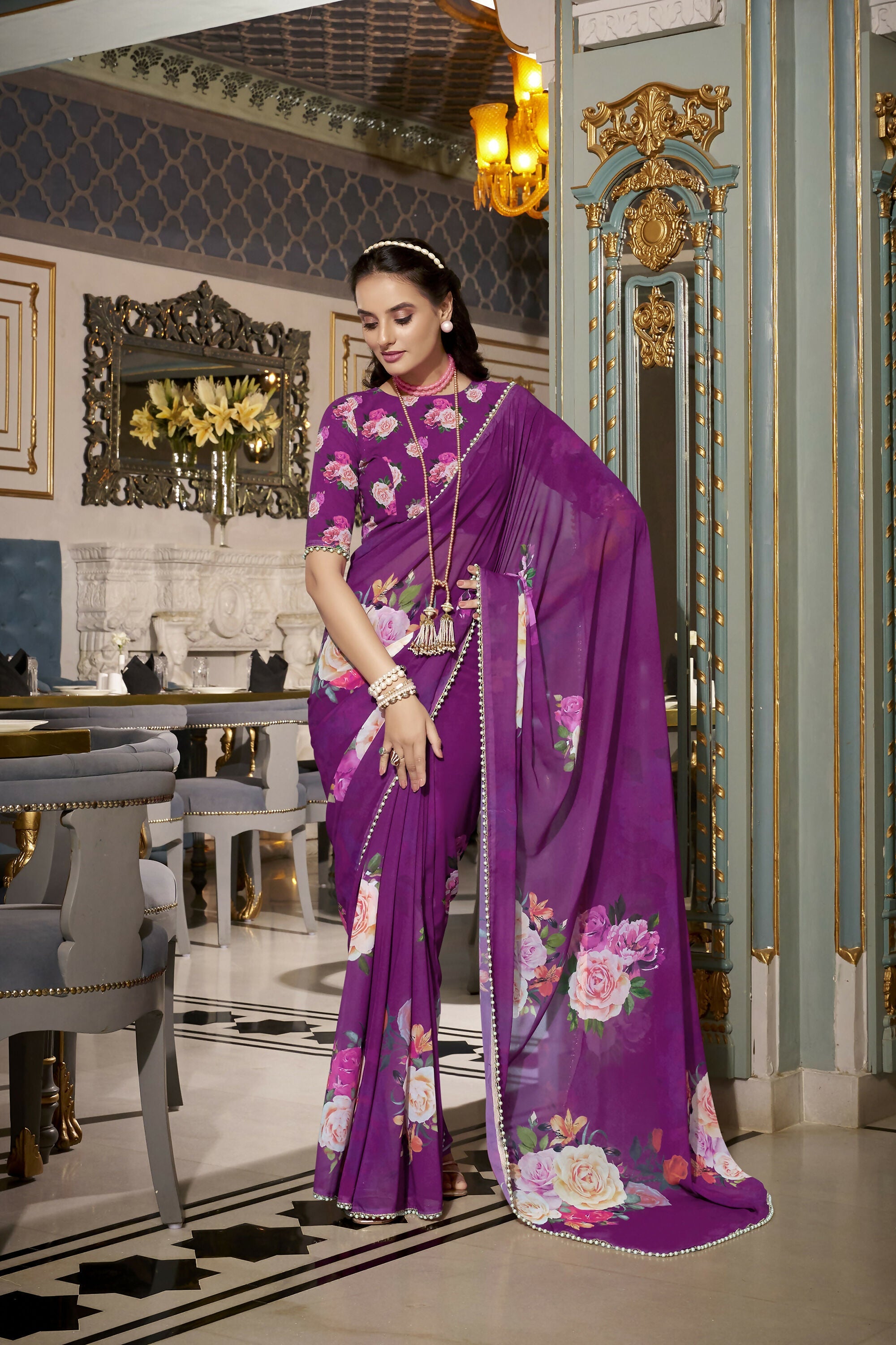 Vastranavya Purple Spectacular Georgette Printed with Pearl Lace Saree with Unstitched Blouse