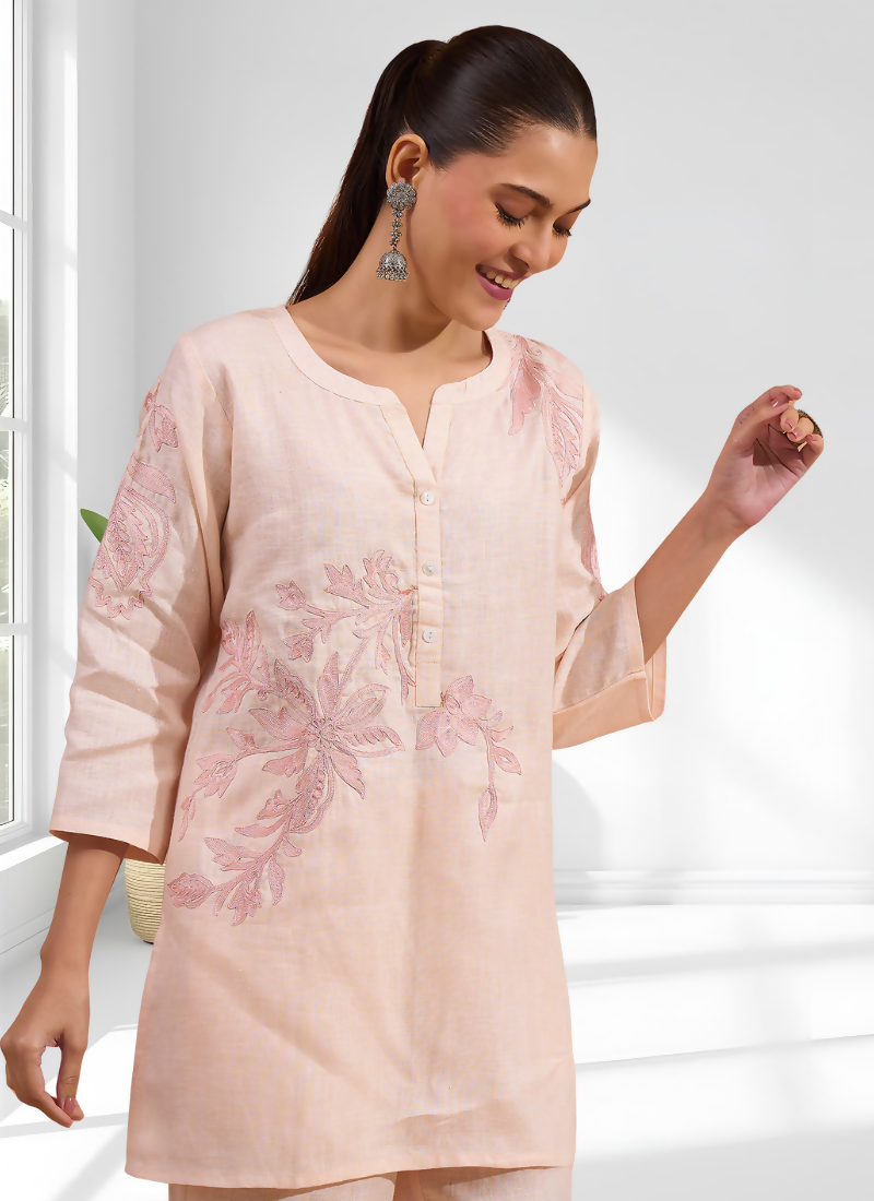 Joban Fashion Pink Linen Embroidered Readymade Cord Set
